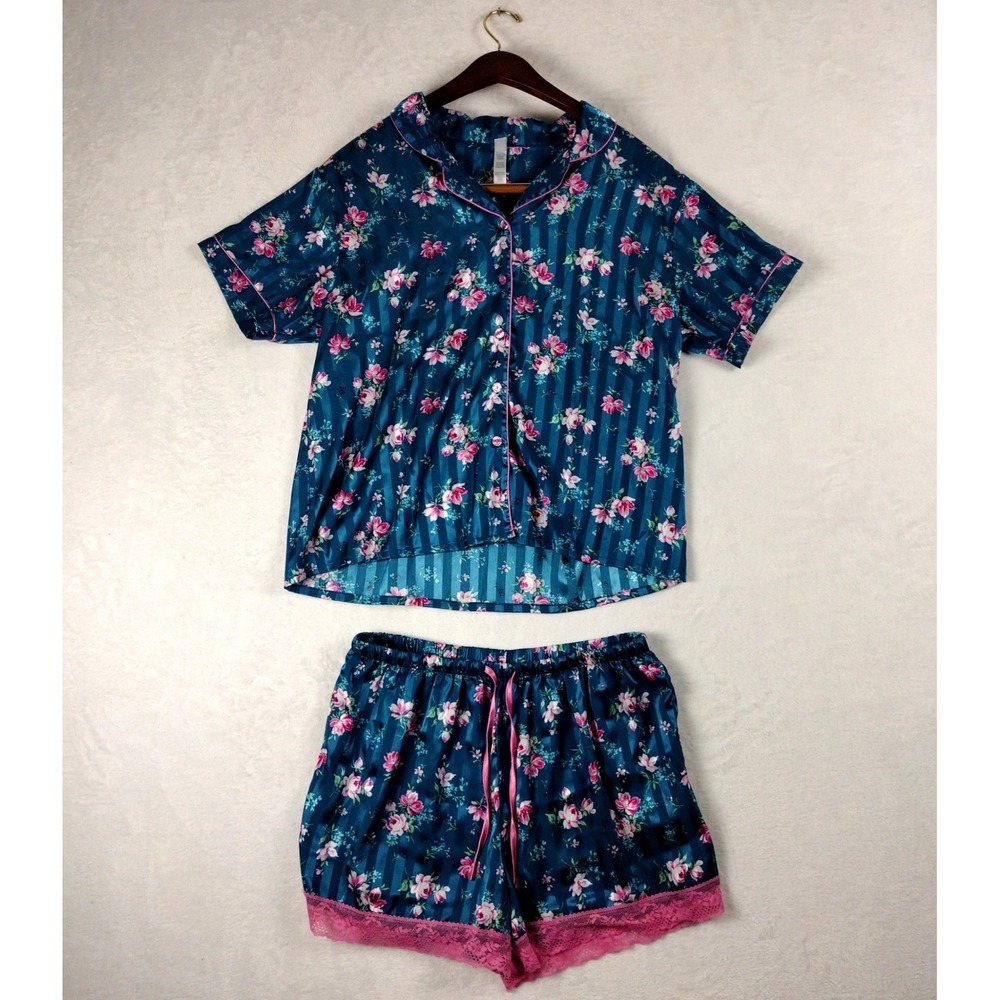 EN by Flora Nikrooz Pajama Set Large Teal Floral Stripe Satin Top Shorts Lace